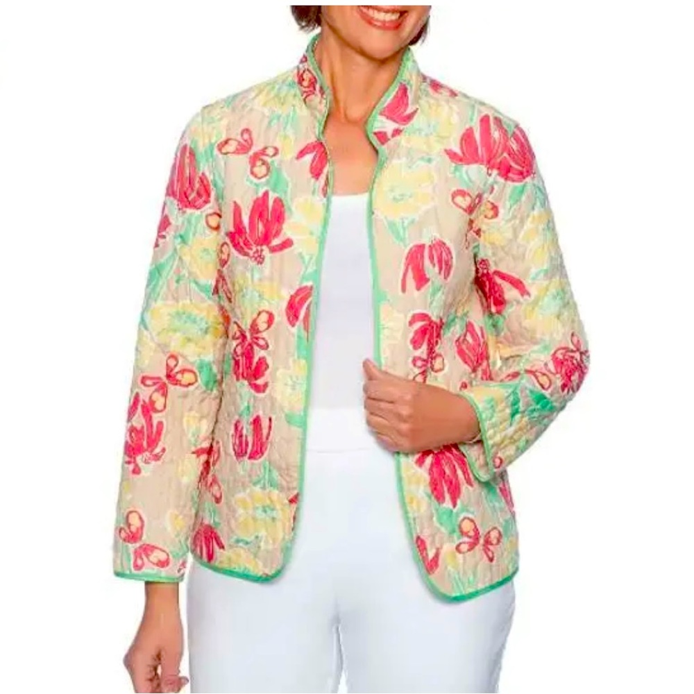 Alfred Dunner Lightweight Quilted Open Front Jacket Tan Green Yellow Floral 16